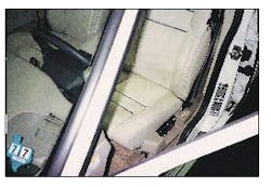 A driver's side view of a Volvo shows sources of information indicating side airbags. The sticker on windshield, decal on B post and imprint along the bottom of the seat alert responders to the side-impact airbag system. A driver's side view of a Volvo shows sources of information indicating side airbags. The sticker on windshield, decal on B post and imprint along the bottom of the seat alert responders to the side-impact airbag system.