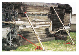 Two CRUTCH units in a 'tensioned buttress' setup. The forward unit end-tool is in a hole in the unit-body. The rear end-tool has a flat insertion tool under the rocker channel. Handles, shown attached, convert the CRUTCH to a lolly column.