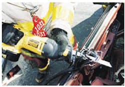 A DeWalt saw with a nine-inch blade cuts through multiple layers of a B-pillar and window frames. Results of endurance tests will be covered in Part 4 of this series. A DeWalt saw with a nine-inch blade cuts through multiple layers of a B-pillar and window frames. Results of endurance tests will be covered in Part 4 of this series.