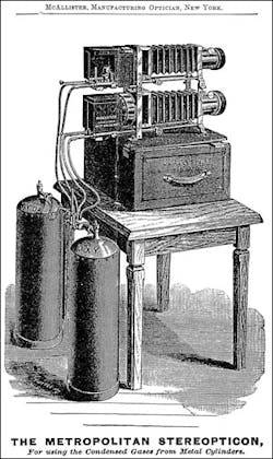 The Metropolitan Stereopticon, the type of projector that was being used in the Opera House. A loosened tube caused the gas to escape from one of the cylinders.