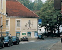 Every building in the village of Markt Saint Florian bears an image of the patron saint of firefighting. This is a local bank. Every building in the village of Markt Saint Florian bears an image of the patron saint of firefighting. This is a local bank.