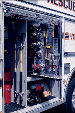 Kentland, MD, Engine 333 features slide-out tool boards that permit various adapters and tools to be mounted in a convenient location while maximizing space within the compartment. Kentland, MD, Engine 333 features slide-out tool boards that permit various adapters and tools to be mounted in a convenient location while maximizing space within the compartment.