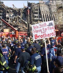 Firefighters protested a plan to scale back the number of fire and police personnel searching for remains at the World Trade Center site., Friday Nov. 2, 2001.