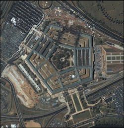 Pre- and post-attack images of the Pentagon were taken by satellite at an altitude of 423 miles by Space Imaging’s Ikonos satellite. Pre- and post-attack images of the Pentagon were taken by satellite at an altitude of 423 miles by Space Imaging’s Ikonos satellite.