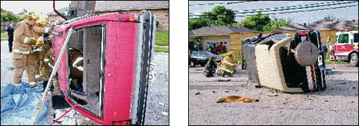 LEFT - The lift window on this Chevy Blazer broke during the rollover, allowing rescuers to access the trapped driver. A rescuer could now reach inside and operate the release handle to lower the tailgate. If it is jammed, the latches are positioned on both sides at the D-pillars.RIGHT - The fiberglass roof on this older-model Ford Bronco fractured in the crash. If there is a need to open the tailgate to gain extra working room at the rear of the vehicle, the spare tire and bracket has to be swung up or removed. In this scenario, the roof should not be trusted for any stability of the vehicle.