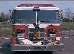 Note the position of the front suction swivel and the headlights on Warminster, PA, Engine 91. Be careful not to block forward-facing lights with bumper-mounted appliances and fittings.