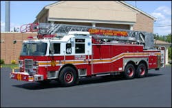 The Cherry Hill, New Jersey Fire Department placed this Pierce rear mount ladder in service as Ladder Company 44. Equipped with a small booster pump and tank, this rig was designed with input from field personnel and the maintenance shops. It is important to obtain suggestions from all levels within the organization.