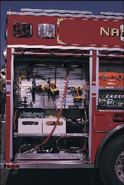 The Nanuet, NY, pumper carries a hydraulic spreader, cutter and ram, together with battery-powered hand tools and dual reels all in one compartment. Note that all equipment is labeled by position, making in much easier to &apos;take up&apos; after an incident.