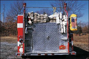 This pumper from Brandywine, MD, is equipped with a 500-gallon tank and large rear compartment. The unit is equipped with three pre-connected lines and split beds of 1,600 feet of three-inch hose. The attack lines range from 200 feet to 400 feet long.