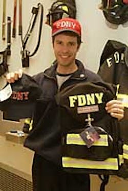 FIRE SALE: Fire-safety instructor Rick Trader shows off an FDNY-licensed cap and backpack, part of an expanded line of merchandise that now also includes bottled water, patches, beefcake calendars, toys and lunchboxes. FIRE SALE: Fire-safety instructor Rick Trader shows off an FDNY-licensed cap and backpack, part of an expanded line of merchandise that now also includes bottled water, patches, beefcake calendars, toys and lunchboxes.