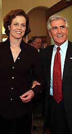 Senate Majority Leader Joseph Bruno greets Sigourney Weaver at the state Capitol, where she was promoting her film 'The Guys.' Senate Majority Leader Joseph Bruno greets Sigourney Weaver at the state Capitol, where she was promoting her film 'The Guys.'