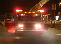 An existing light photo of a ladder truck. Existing light shots are taken without the use of a flash.