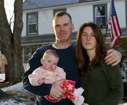 New York City firefighter Michael Dewhurst poses with his wife, Christine, and their 6-month-old daughter, Julia, in front of their farmhouse home in Greenville, N.Y., Saturday, March 15, 2003. Dewhurst, a survivor of the 9/11 attacks and a Marine reservist, must decide whether he will go to war against Iraq, if called up, or try to stay home and take care of his wife, who is ailing from Multiple Sclerosis, and the baby. New York City firefighter Michael Dewhurst poses with his wife, Christine, and their 6-month-old daughter, Julia, in front of their farmhouse home in Greenville, N.Y., Saturday, March 15, 2003. Dewhurst, a survivor of the 9/11 attacks and a Marine reservist, must decide whether he will go to war against Iraq, if called up, or try to stay home and take care of his wife, who is ailing from Multiple Sclerosis, and the baby.