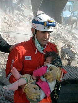 A member of the Turkish rescue team carries a child rescued from under the debris of a damaged building, in Bingol, Turkey, Thursday, May 1, 2003. A strong earthquake killed at least 84 people in southeastern Turkey early Thursday and damaging many buildings. A member of the Turkish rescue team carries a child rescued from under the debris of a damaged building, in Bingol, Turkey, Thursday, May 1, 2003. A strong earthquake killed at least 84 people in southeastern Turkey early Thursday and damaging many buildings.