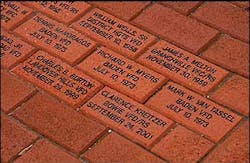 Bricks in the Walk of Honor recognizing the sacrifice of Dennis Mandragos, Richard Myers, and Mark Van Tassel of the Baden Volunteer Fire Department.