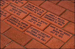 Bricks in the Walk of Honor recognizing the sacrifice of Dennis Mandragos, Richard Myers, and Mark Van Tassel of the Baden Volunteer Fire Department.