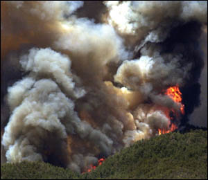 A wildfire continues to rage on top of Mount Lemmon near Tucson, Ariz., Sunday, June 22, 2003. The uncontrolled wildfire that destroyed more than 250 homes in this mountaintop community moved on a course Sunday that would take it into an area where terrain and lighter vegetation will make it easier to fight, fire officials said.