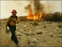 A firefighter walks by the wildfires that threaten the Rancho Cucamonga, California area on Firday 24 October, 2003. Wildfires in the area have burnt thousands of acres of forests and forced evacutation of homes in the area. A firefighter walks by the wildfires that threaten the Rancho Cucamonga, California area on Firday 24 October, 2003. Wildfires in the area have burnt thousands of acres of forests and forced evacutation of homes in the area.