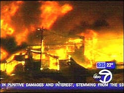 Firefighters say this blaze was the equivalent of a six-alarm fire. Crews from at least a half-dozen towns are on the scene. Firefighters say this blaze was the equivalent of a six-alarm fire. Crews from at least a half-dozen towns are on the scene.