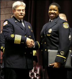 Lt. Brenda Cowan at her promotion ceremony just a week before Friday&apos;s tragic shooting.