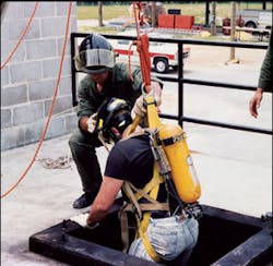 A confined space response is like a combination technical rescue and hazardous materials incident. Emergency responders should don self-contained breathing apparatus (SCBA), with air flowing, before entering a confined space.