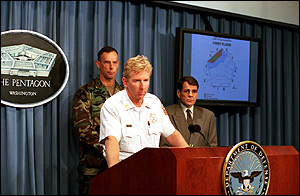 Here, James H. Schwartz, seen in a Pentagon briefing during the 9-11 terrorist attack.