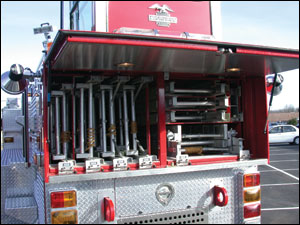 Waldorf, MD, Truck 3 is equipped with 11 different ground ladders totaling 260 feet. Longer bodies are required to carry two-section 28-foot and 35-foot extension ladders.