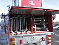 Waldorf, MD, Truck 3 is equipped with 11 different ground ladders totaling 260 feet. Longer bodies are required to carry two-section 28-foot and 35-foot extension ladders. Waldorf, MD, Truck 3 is equipped with 11 different ground ladders totaling 260 feet. Longer bodies are required to carry two-section 28-foot and 35-foot extension ladders.