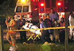 An injured passenger from a church bus that was hit by an SUV An injured passenger from a church bus that was hit by an SUV