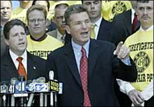 PBA chief Pat Lynch (left) and fire-union boss Stephen Cassidy blast Mayor Bloomberg yesterday at City Hall.
