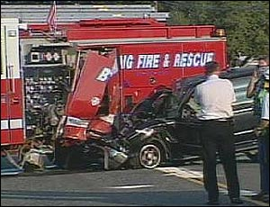 Both the SUV and the fire truck were damaged in the crash.