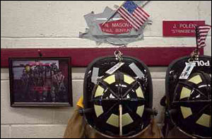 Inside the station, an American flag adorns the spot where Nick Mason hung his helmet and coat.