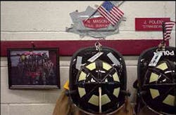Inside the station, an American flag adorns the spot where Nick Mason hung his helmet and coat. Inside the station, an American flag adorns the spot where Nick Mason hung his helmet and coat.