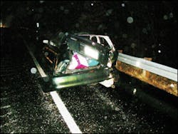 The car involved in the first accident struck the rear of an engine and slid into a guardrail.