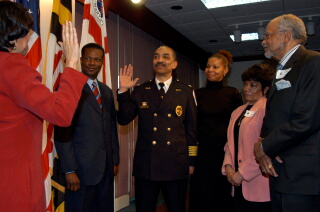 Immediately following the confirmation by the County Council, Fire Chief Sedgwick took the Oath of Office of Fire Chief. This Oath was administered by the Clerk of the Circuit Court, Rosalyn Pugh, and witnessed first hand by County Executive Jack Johnson; Veronica Sedgwick (wife); and Sedgwick&rsquo;s mother and father.