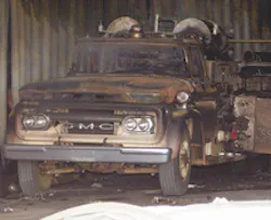 A scorched truck remains inside the fire hall. A scorched truck remains inside the fire hall.
