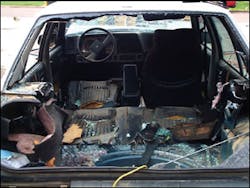 The end result of trunk tunneling creates a pathway sufficient to access and then extricate the driver. In this training scenario, crews can work only from the rear to accomplish this task and cannot access the sides of the vehicle forward of the rear wheels. The end result of trunk tunneling creates a pathway sufficient to access and then extricate the driver. In this training scenario, crews can work only from the rear to accomplish this task and cannot access the sides of the vehicle forward of the rear wheels.