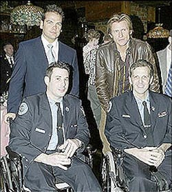 Post publisher Lachlan Murdoch and actor Denis Leary get together yesterday to honor injured FDNY heroes Joseph DiBernardo and Jeffrey Cool and their fallen comrades.