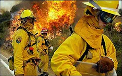 Firefighters with the California Department of Forestry, set backfires along highway 79, in this May 3, 2004, file photo taken near Temecula, Calif. Fighting California's wildfires has developed into a multi-agency effort but dividing up responsibility and costs can quickly spiral to more than $1 million a day, the Legislative Analyst's Office said Tuesday April 12, 2005. (AP Photo/Ric Francis, File) Firefighters with the California Department of Forestry, set backfires along highway 79, in this May 3, 2004, file photo taken near Temecula, Calif. Fighting California's wildfires has developed into a multi-agency effort but dividing up responsibility and costs can quickly spiral to more than $1 million a day, the Legislative Analyst's Office said Tuesday April 12, 2005. (AP Photo/Ric Francis, File)