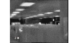 Photos 2A and 2B: A thermal image of a hallway in standard mode with 2X digital zoom activated. While details are brought closer, the image becomes pixilated in the process.