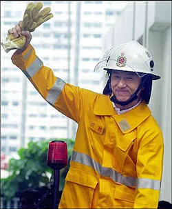 Hong Kong movie star Jackie Chan salutes the crowd Tuesday, May 3, 2005, as he is introduced as the ambassador for Hong Kong's World Firefighter Games. (AP Photo/Lo Sai Hung) Hong Kong movie star Jackie Chan salutes the crowd Tuesday, May 3, 2005, as he is introduced as the ambassador for Hong Kong's World Firefighter Games. (AP Photo/Lo Sai Hung)