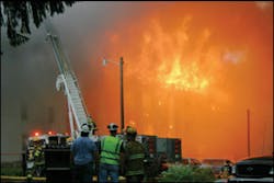 Firestorm conditions were created as total involvement occurred. A fourth alarm was requested and assigned as ember patrol until the multiple roof structures failed. Firestorm conditions were created as total involvement occurred. A fourth alarm was requested and assigned as ember patrol until the multiple roof structures failed.