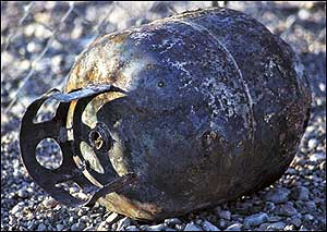 This propane tank had swelled and was sizzling as it lay near a singlewide trailer that had been destroyed in the blaze that began on Kings Way is southern Pahrump, roughly a quarter mile south of Homestead Road and Thousandaire Boulevard.
