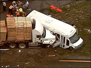 Several students are rushed to a hospital after their bus collides with a tractor-trailer on the Turnpike in Boca Raton.