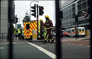 Emergency services at Edgware Road Tube Station in London following an explosion, Thursday, July 7, 2005.