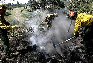 Firefighters mop up hot spots from the Mason Gulch Fire near Wetmore, Colo., Tuesday. July 12, 2005.