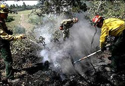 Firefighters mop up hot spots from the Mason Gulch Fire near Wetmore, Colo., Tuesday. July 12, 2005.