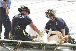 Decatur, Ala., firefighters Doug Belletete, left, and Jason Jones, cover Mark Cody White, 17, of Hartselle, Ala., Monday, July 18, 2005, as he was rescued after apparently spending nearly three days in a hot railroad tanker car used to store processed fertilizer. White was doused with a water hose to remove any chemicals, then wrapped in a sheet and taken to a hospital, where he was treated and released, officials said. Decatur, Ala., firefighters Doug Belletete, left, and Jason Jones, cover Mark Cody White, 17, of Hartselle, Ala., Monday, July 18, 2005, as he was rescued after apparently spending nearly three days in a hot railroad tanker car used to store processed fertilizer. White was doused with a water hose to remove any chemicals, then wrapped in a sheet and taken to a hospital, where he was treated and released, officials said.