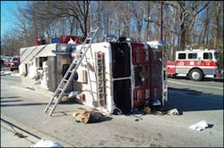 In the accident, Squad 14 landed on its right side, momentarily trapping the officer. This accident should reinforce the rule that everyone should be seated and wearing seatbelts at all times. In the accident, Squad 14 landed on its right side, momentarily trapping the officer. This accident should reinforce the rule that everyone should be seated and wearing seatbelts at all times.