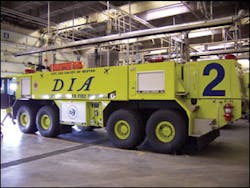 Denver International Airport crews not only must respond to all airport incidents, but to those occurring on the miles of roadways and highways extending several miles away from the airport. Here sits one of the airport&apos;s E-ONE Titan HPR 8x8s, used for aircraft rescue and firefighting.